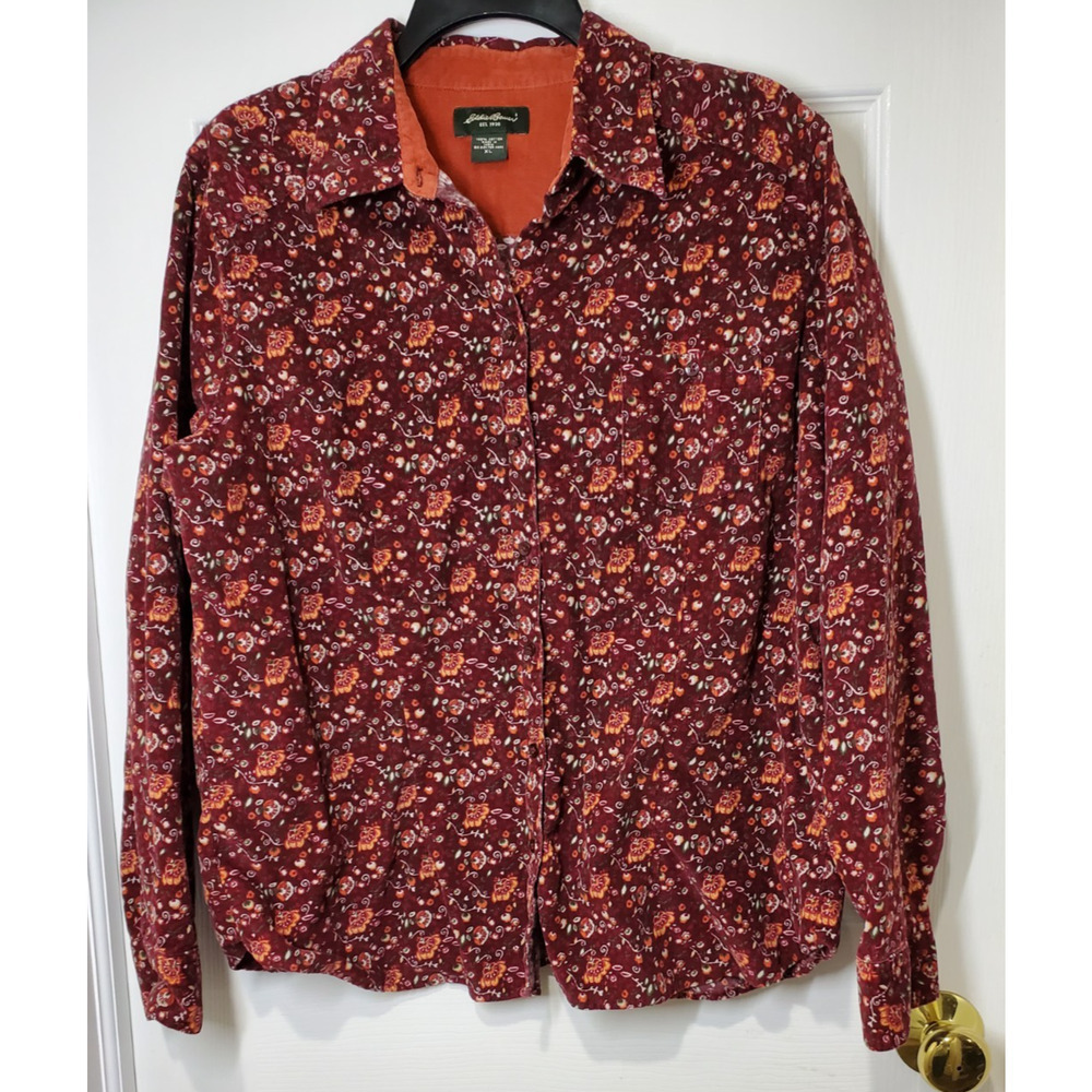 Vintage 90’s Eddie Bauer Women’s Corduroy Floral Button Up Collar Shirt Size XL